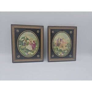 Antique Pair Silk Needlepoint Painting Courting Couple cottagecore